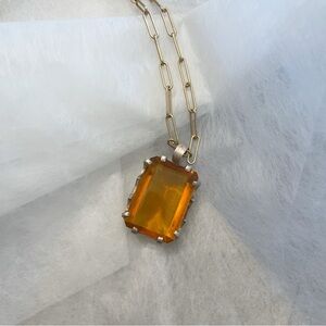 Vintage Amber Glass Pendant Necklace on Gold-Tone Chain